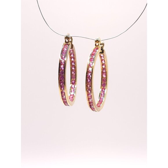 Ross-Simon Gold & Silver Pink Sapphire CZ Hoops - Picture 7 of 15